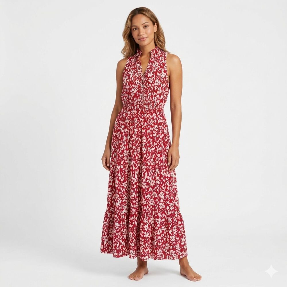 London Times Red‎ & White Floral Tiered Maxi Dress - Size 6